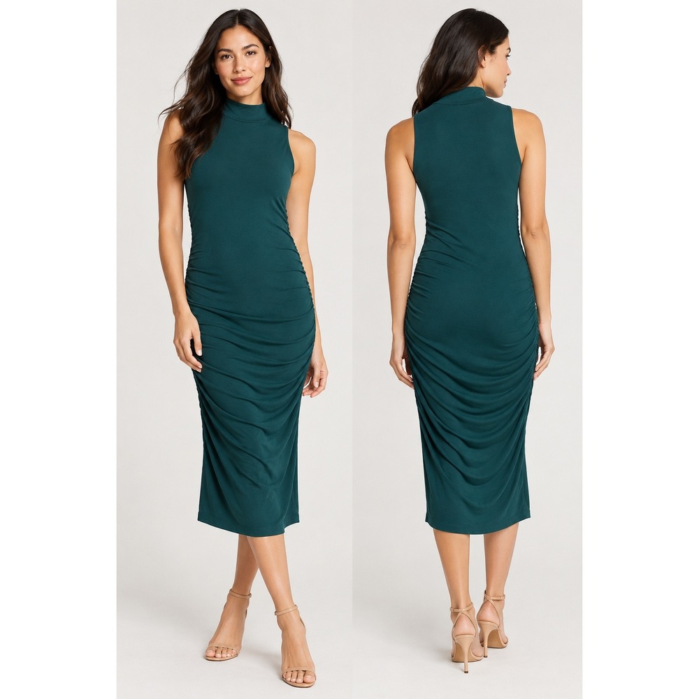 Halogen Ruched Midi Dress Womens Medium Teal New Mock Neck Sleeveless